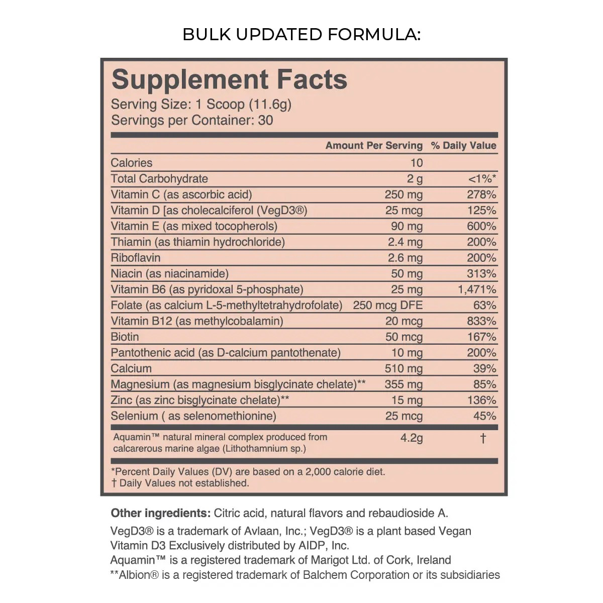 Marea supplement fact chart and ingredient list 