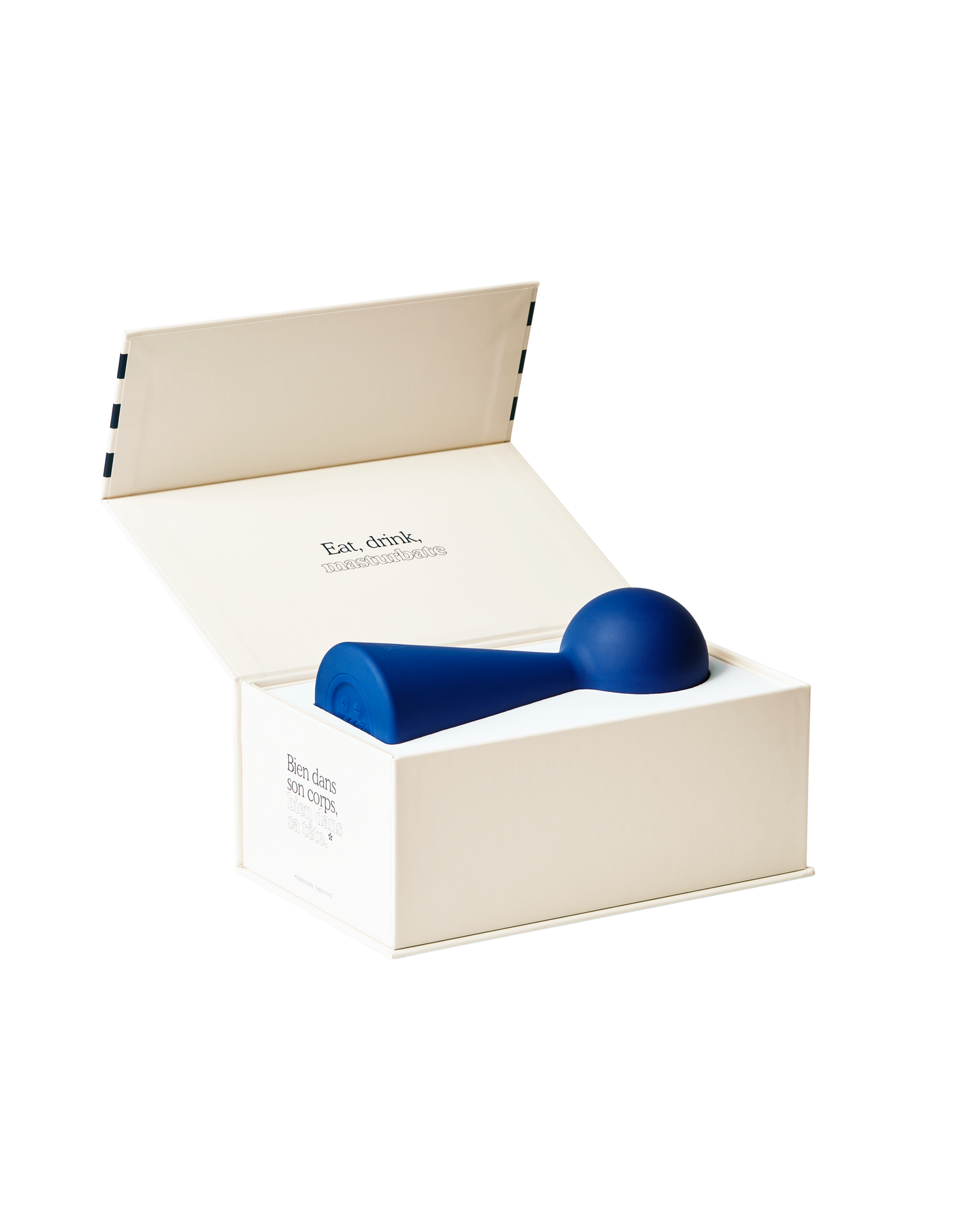 Puissante Bisou vibrator in blue and packed in a beautiful blue striped box.