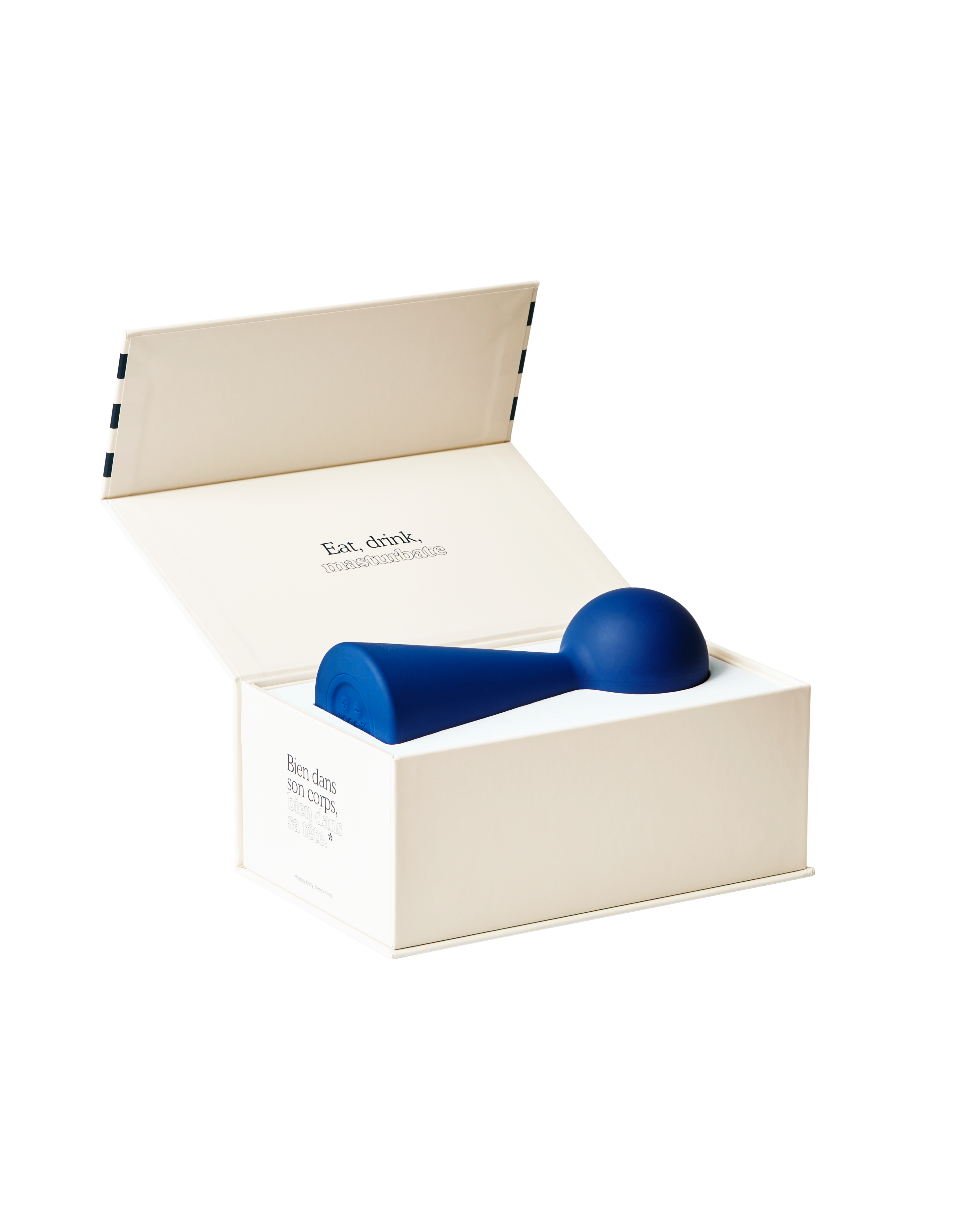 Puissante Bisou vibrator in blue and packed in a beautiful blue striped box.