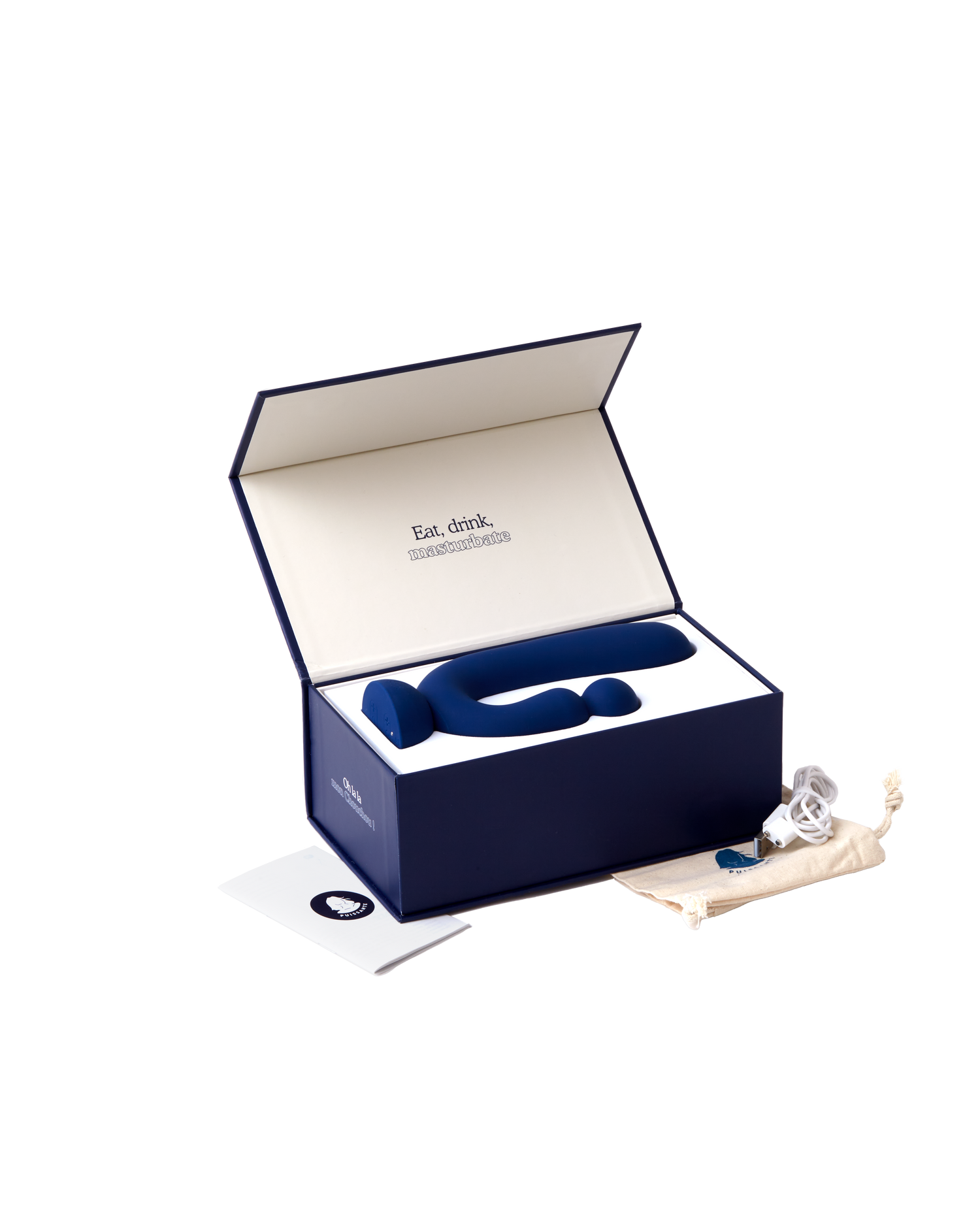 Puissante chouchou rabbit vibrator comes with a USB charger and storage pouch in an elegant navy blue box.