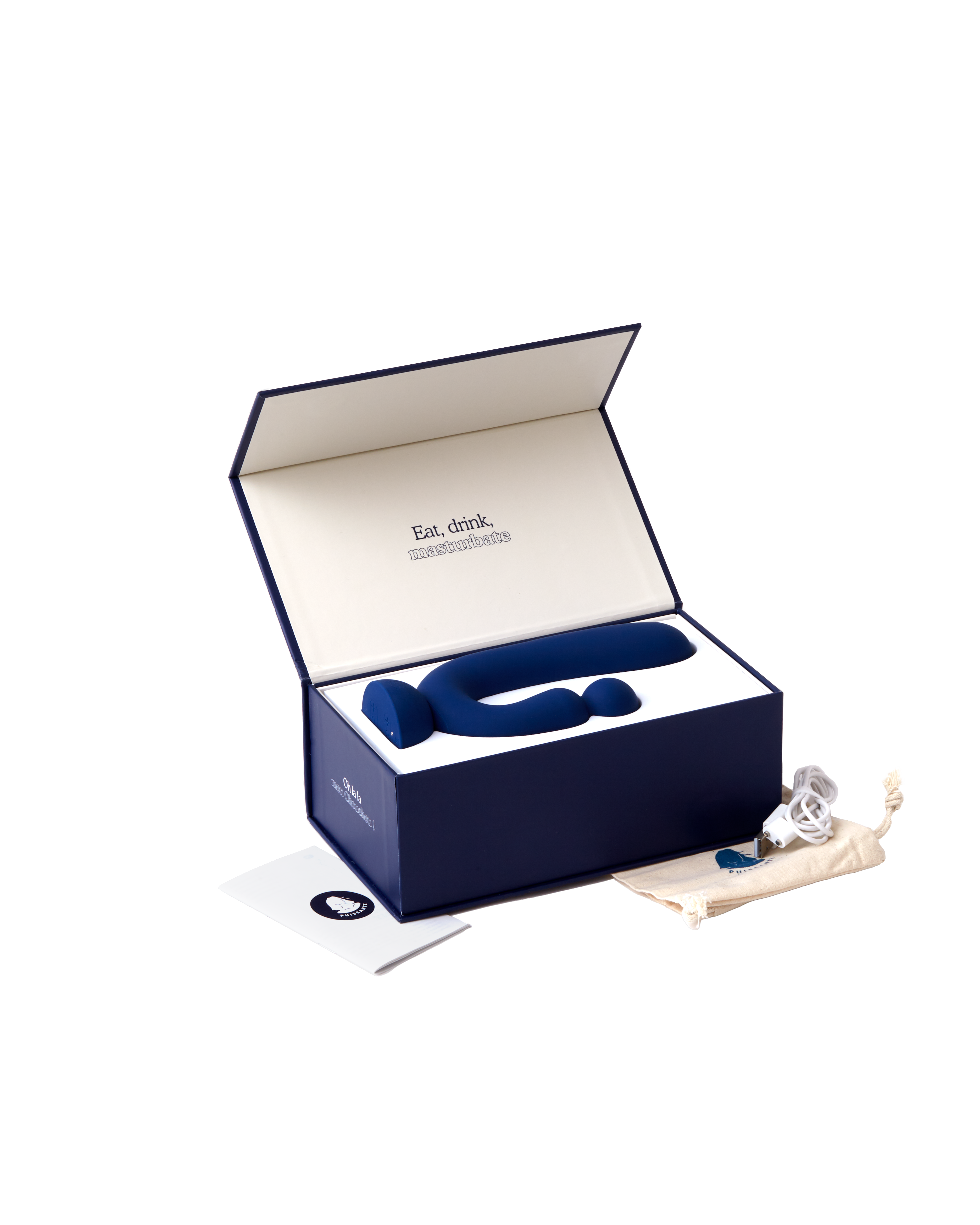 Puissante chouchou rabbit vibrator comes with a USB charger and storage pouch in an elegant navy blue box.