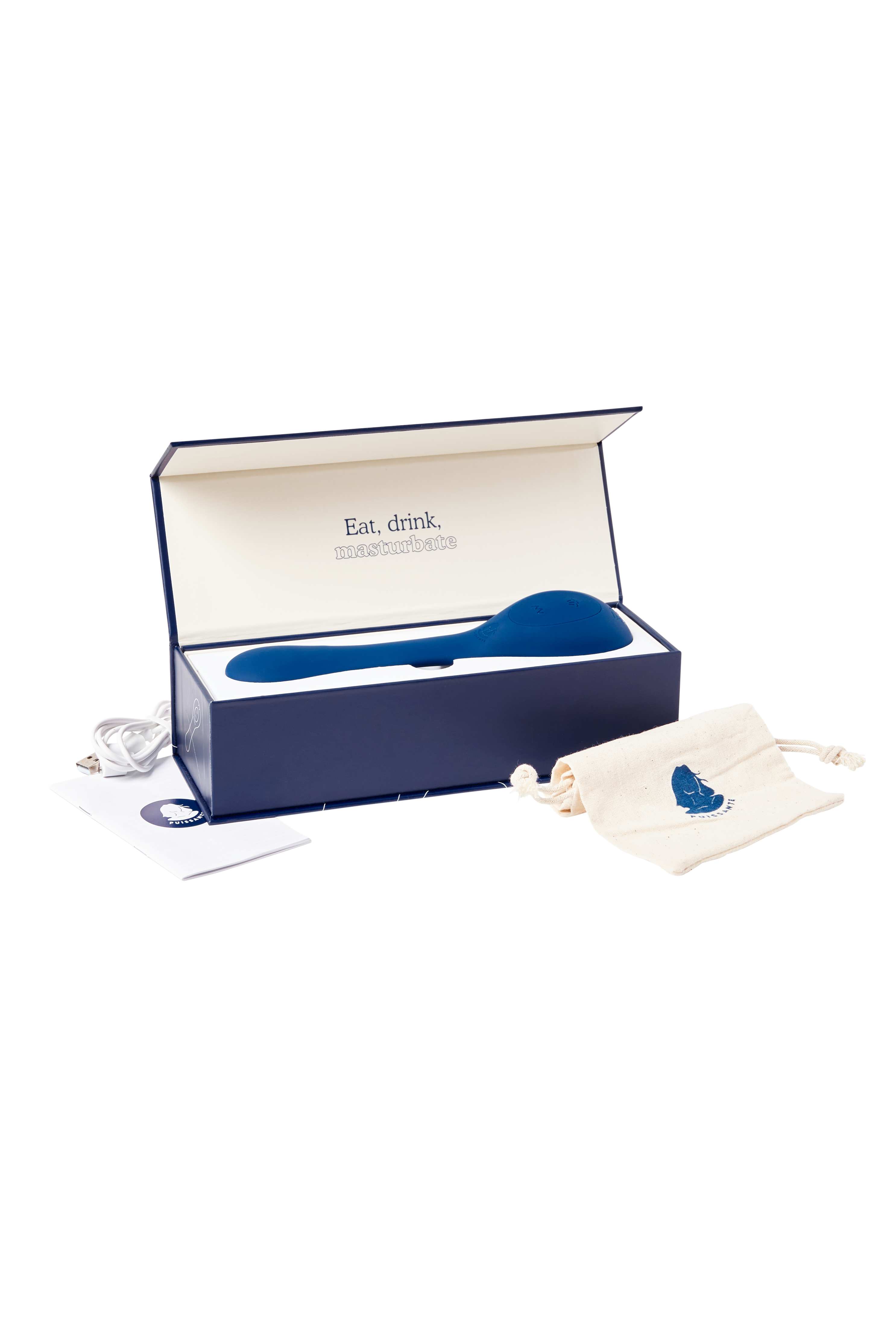 Puissante Coco vibrator comes with a USB charger and storage pouch in an elegant navy blue box.