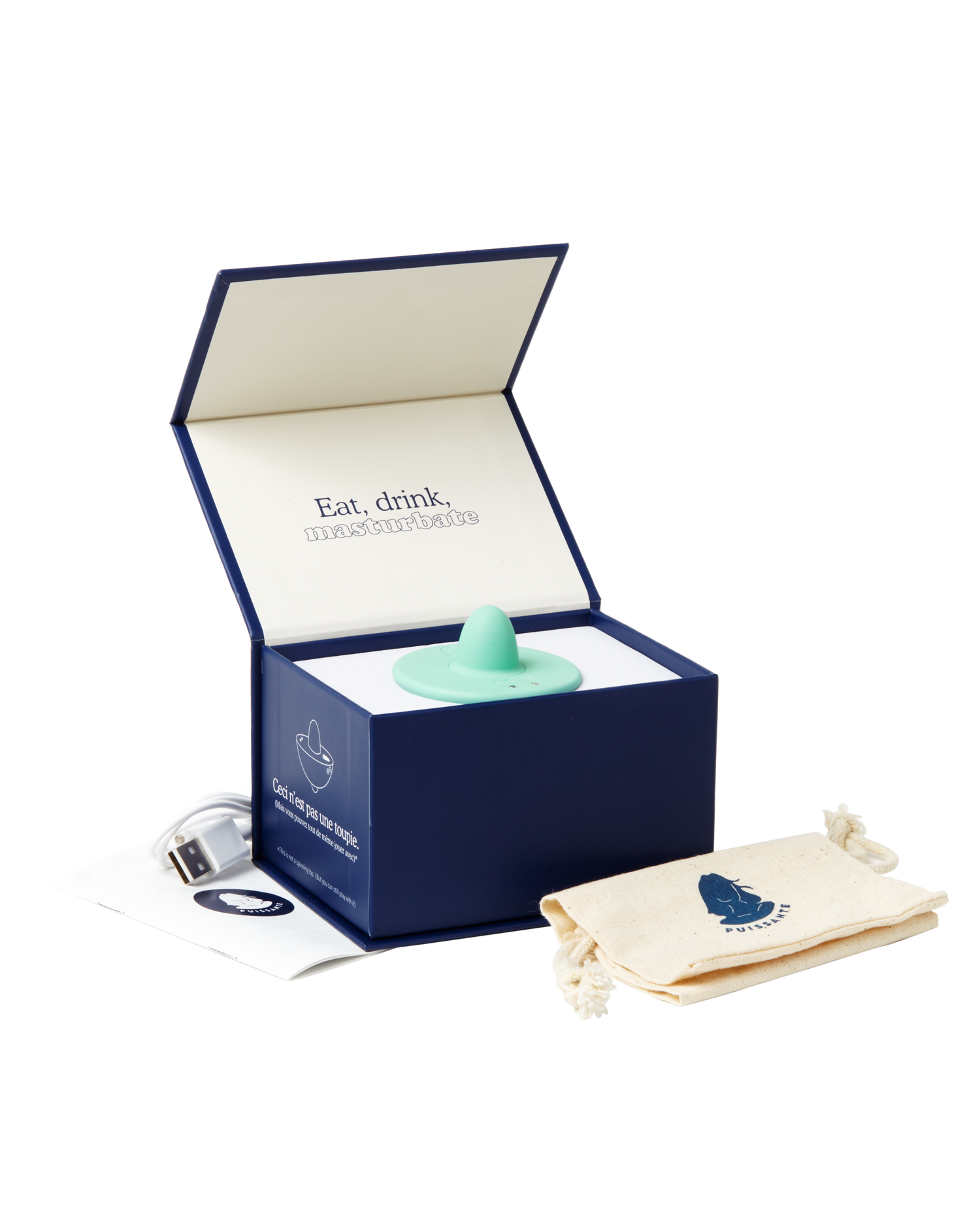 Puissante Toupie vibrator comes with a USB charger and storage pouch in an elegant navy blue box.