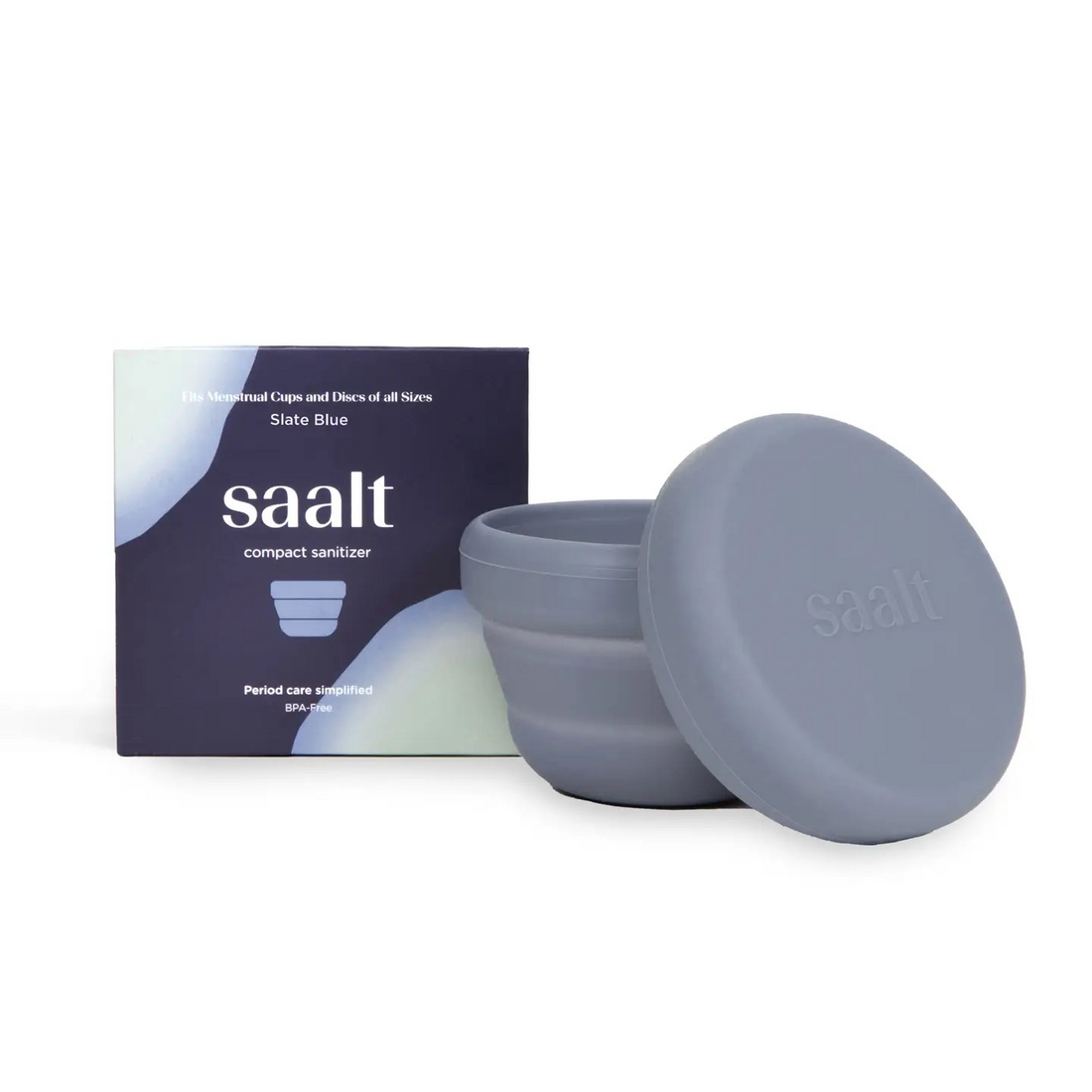 Picture of the Saat compact sanitizer with the lid off and its packaging box.