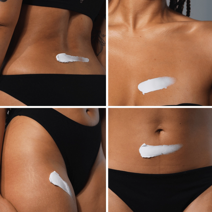 Close-up lifestyle montage of Somedays cramp cream being applied to a woman&