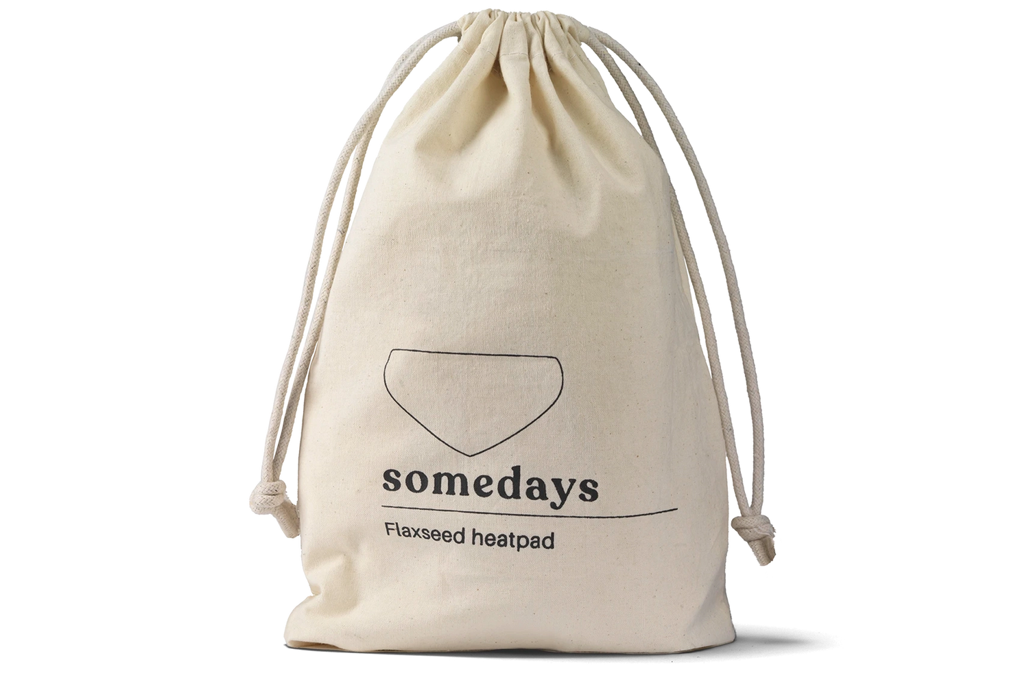 Product shot of the Somedays flaxseed heatpad inside its cotton pouch, highlighting the natural texture and packaging.