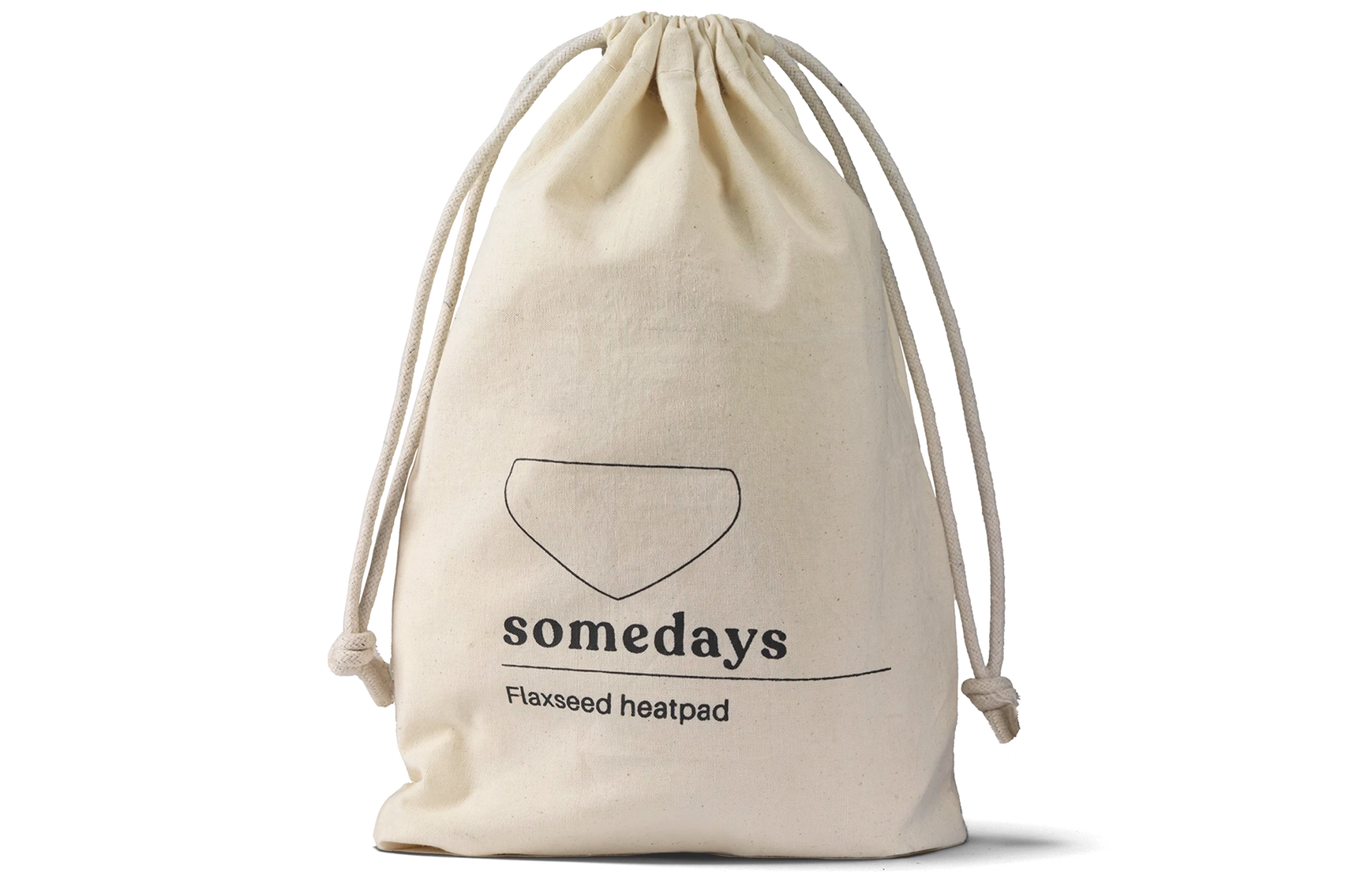 Product shot of the Somedays flaxseed heatpad inside its cotton pouch, highlighting the natural texture and packaging.